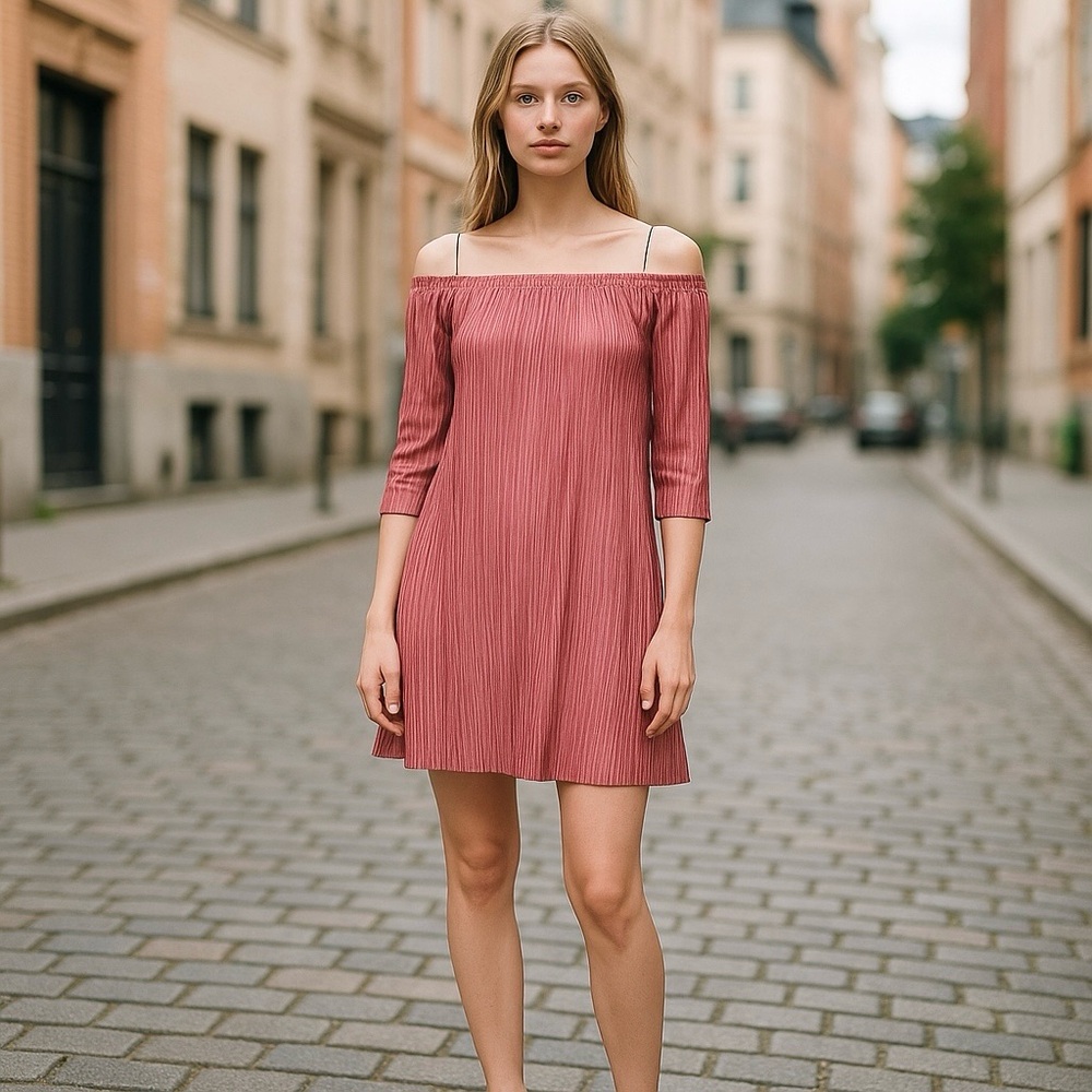 4/$40 VIBE Accordion Elbow‎ Length Sleeve Babydoll Midi Pink Dress